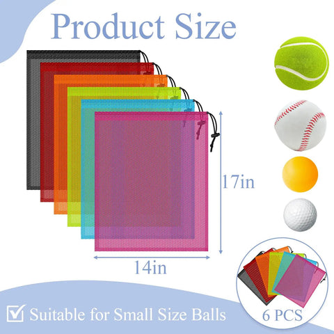 Six Colorful Mesh Drawstring Bags Set 14x18 Inch for Gym Gear Laundry Beach and Toys, size 14x18 inches, displayed in six colors.