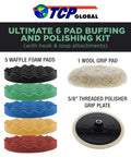 Pro Buffing And Polishing Kit For Car Detailing, 6 Pad Set With Five Waffle Foam Pads And One Wool Pad, 8 Inch Polisher Plates