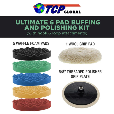 Pro Buffing And Polishing Kit For Car Detailing, 6 Pad Set With Five Waffle Foam Pads And One Wool Pad, 8 Inch Polisher Plates
