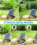 6W Outdoor Solar Bird Bath Fountain Pump With 4Ft Tubing And 5 Nozzles, DIY Solar Water Pump With Easy Setup For Garden Ponds