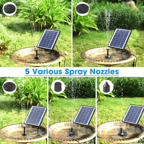 6W Outdoor Solar Bird Bath Fountain Pump With 4Ft Tubing And 5 Nozzles, DIY Solar Water Pump With Easy Setup For Garden Ponds