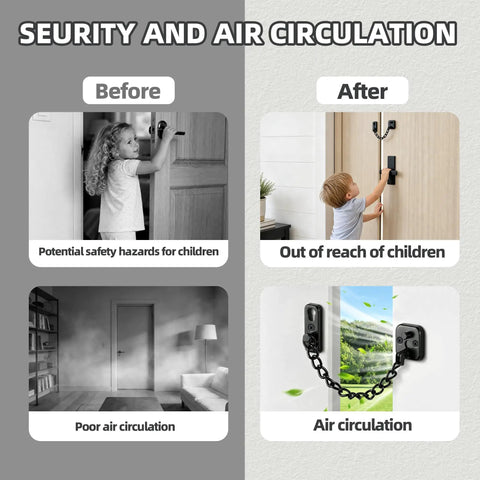 Security illustration showing safety improvements with Premium Heavy Duty Door Chain Lock, Matte Black Security Gate Latch.