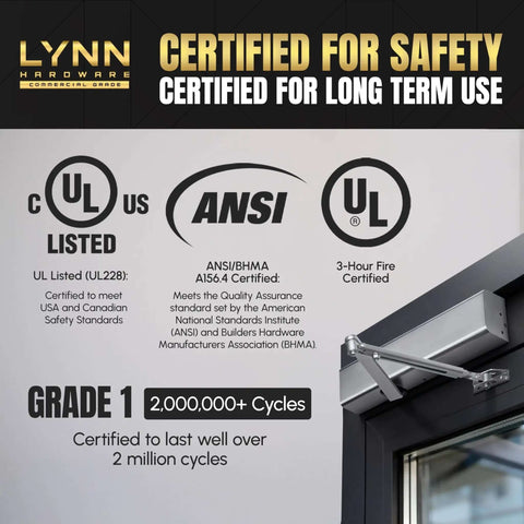 Certified Heavy Duty Automatic Door Closer, Fire Rated Up to 3 Hours, Durable Aluminum Body and Steel Arm, DC8016 next to certification logos