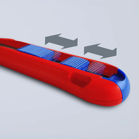 Side view of CutiX Universal Snap Knife With Stabilization Bar, 6-1/2 Inch Red Blue Grip, Quick Blade Replacement Without Tools