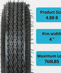 Close-up view of Two Pack 4.80-8 Trailer Tires 6PR Load Range C Beefy Heavy Duty For Boat And Utility Trailers, Rims Not Included.