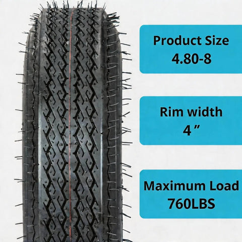 Close-up view of Two Pack 4.80-8 Trailer Tires 6PR Load Range C Beefy Heavy Duty For Boat And Utility Trailers, Rims Not Included.