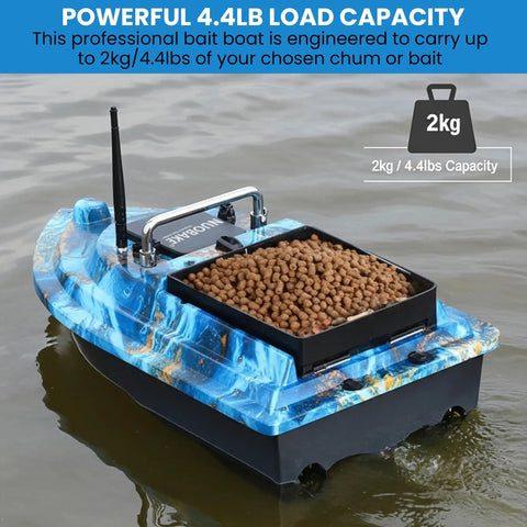 RC Bait Boat With 2.4G Remote 546 Yard Range, 4.4 Lb Bait Capacity on water, showing heavy duty ABS hull and bait loading.