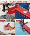 4 In 1 Automatic Sewing Needle Threader With Magnifier And Seam Guide Built In Dual Scale Ruler For Quick Threading Handy For Quilting And Alterations Includes 2 Seam Rippers In Red, shown in various uses on a sewing machine.