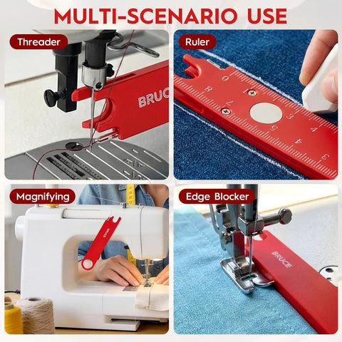 4 In 1 Automatic Sewing Needle Threader With Magnifier And Seam Guide Built In Dual Scale Ruler For Quick Threading Handy For Quilting And Alterations Includes 2 Seam Rippers In Red, shown in various uses on a sewing machine.