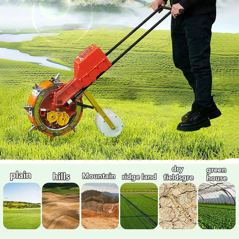 Back-Friendly Garden Seeder Row Planter in use on grassy field with depth adjustments visible