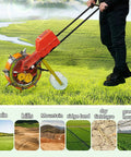 Manual Seed Planter And Fertilizer Spreader Roller Seeder With 16 Seed Holes in use on grassy terrain