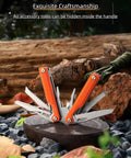 28-In-1 Pocket Multitool Pliers With Replaceable Bits showing open blades and tools on a wooden stump outdoors