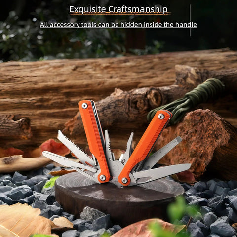 28-In-1 Pocket Multitool Pliers With Replaceable Bits showing open blades and tools on a wooden stump outdoors