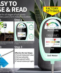 2 In 1 Soil Moisture And pH Meter Tester With Dual Screen For Plants Gardens Lawns And Indoor Outdoor Use No Guesswork For Smart Watering And Healthier Growth shown with plant and usage steps