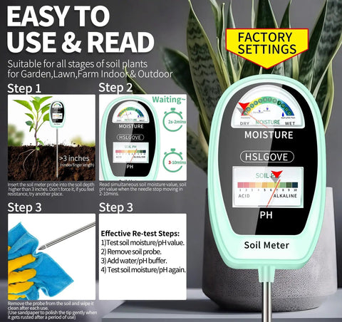 2 In 1 Soil Moisture And pH Meter Tester With Dual Screen For Plants Gardens Lawns And Indoor Outdoor Use No Guesswork For Smart Watering And Healthier Growth shown with plant and usage steps