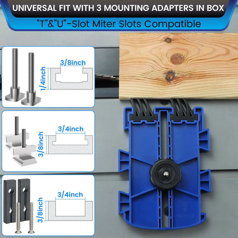 Shop Floor Safe Dual Leg Featherboard For Table Saws And Router Tables Anti Kickback Accessory With Flexible Arms, blue piece with mounting adapters.