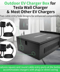 Outdoor EV Charger Lock Box Hella Secure Storage Enclosure Featuring A Crystal Clear Viewable Window For Tesla Wall Connectors And Universal Electric Vehicle Plugs Weatherproof Dope Cover Bottom Cable Access Door Simple Install For Your Daily Driver, showing two cable entry ports for EV chargers.