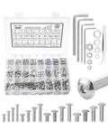 Stainless Steel Fastener Kit With 810 Pieces Nuts Bolts And Washers For DIY Projects displayed with storage box and tools.