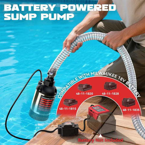 Kick Water Out Fast Heavy Duty Cordless Submersible Water Pump Dropping 1268 Gph in water with hose, compatible with Milwaukee 18V.