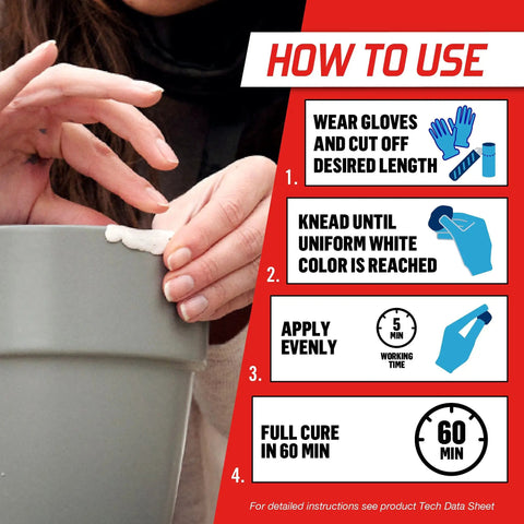 Instructions for using Epoxy Repair Putty For Quick Fixes Handy Two Part Moldable Adhesive That Bonds To Damp Surfaces And Cures Underwater For Small Emergency Repairs 2 Oz Stick 1 Pack being applied to a surface.