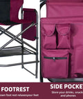 Bar Height Director Chair With Side Table 400 Lb Capacity Portable Folding Chair For Makeup Artists And Outdoor Events Cup Holder And Detachable Footrest Wine Red And Black, showcasing footrest and side pocket features.