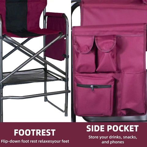 Bar Height Director Chair With Side Table 400 Lb Capacity Portable Folding Chair For Makeup Artists And Outdoor Events Cup Holder And Detachable Footrest Wine Red And Black, showcasing footrest and side pocket features.
