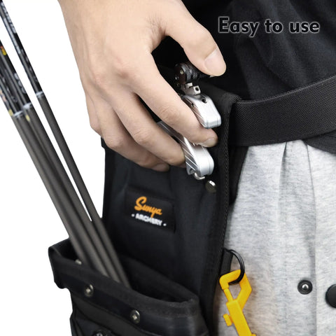 Person using Field And Competition Hip Arrow Quiver With 3 Slot System Holds 12 Plus Arrows Noise Free Design Rear Facing QuickDraw Tilt 15 Degree For Fast Arrow Retrieval Modular Panel System For Allen Keys Bow Release Finger Tab Arm Guard And More 42 By 18 Cm.