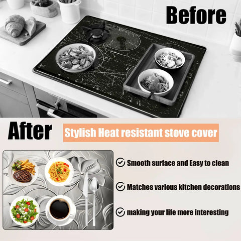 Before and after use of Anti Slip Electric Stove Top Cover 28 By 20 Inches Heat Resistant Glass Stove Top Protector with flower pattern.