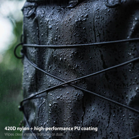 Close-up of 35L Camera Backpack For Photographers And Videographers showing rain on 420D nylon with PU coating