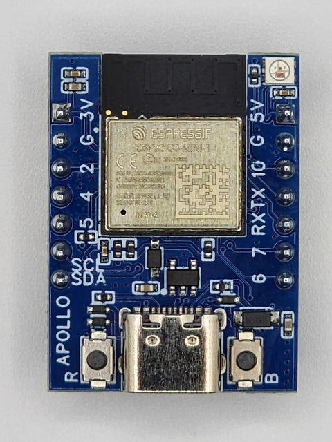 Top view of an ESP32 C3 Development Board With USB C WiFi Bluetooth RGB LED GPIO And I2C For DIY Electronics Smart Home Setup And IoT Projects.