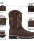 Side view of Steel Toe Western Work Boots for Men Waterproof Slip On Square Toe Safety Boots, dark brown with decorative stitching.