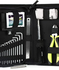 All In One Instrument Care Kit With Case For Clean Tune And Tweak Change Strings Set Intonation Adjust Action Lubricate And Maintain Your Electric Or Acoustic Guitar Black showing internal tools for maintenance