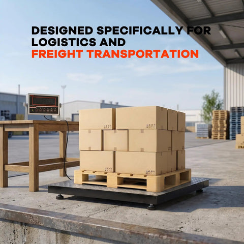 Tough As Nails Industrial Floor Scale For Warehouses Featuring 48 By 48 Inch Platform And 5000 Pound Capacity with cardboard boxes on a pallet.