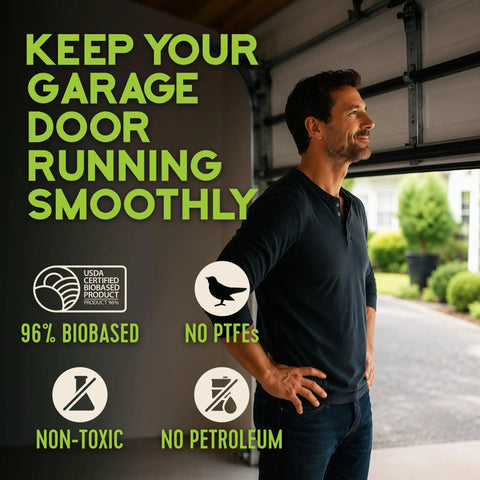 Man by open garage, text: 'Keep Your Garage Door Running Smoothly', Eco Friendly Multipurpose Lubricant Spray 11 Oz For Garage Doors Hinges Tracks Treadmills And Bike Chains Killer Quiet Squeaks Anti Rust Plant Based No Petroleum Home And Workshop Use, no PTFE, non-toxic, no petroleum, 96% biobased certified product symbols