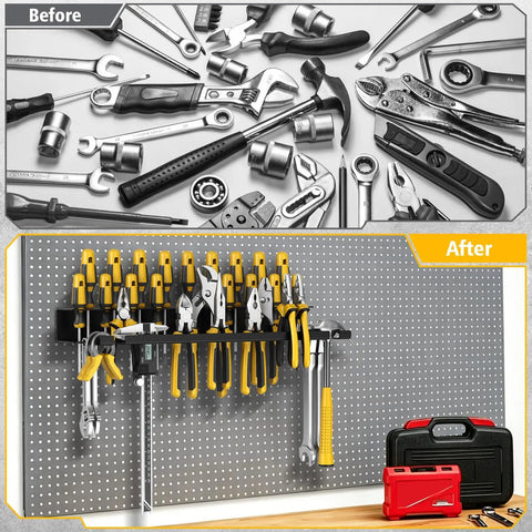 Heavy Duty Metal Screwdriver Organizer Wall Mount With 43 Holes Pliers And Small Tool Holder Rack installed in garage