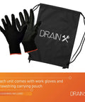 25 Foot Drain Auger Snake For Fast Clog Busting Flexible Quarter Inch Steel Cable Works On One And A Quarter To Two Inch Pipes Includes Work Gloves And Storage Bag For Handy Home Plumbing Repairs, black gloves, and branded bag.