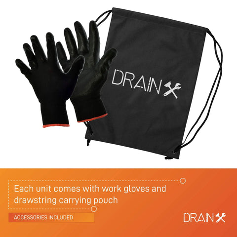 25 Foot Drain Auger Snake For Fast Clog Busting Flexible Quarter Inch Steel Cable Works On One And A Quarter To Two Inch Pipes Includes Work Gloves And Storage Bag For Handy Home Plumbing Repairs, black gloves, and branded bag.