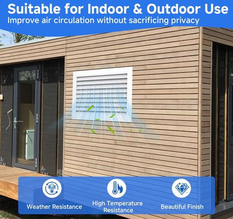 Two Sided Door Vent Cover Aluminum Exterior Vent Shield For Doors And Walls on wooden cabin, sealed airflow visible