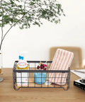 Sturdy Metal Wire Toilet Paper Organizer Basket With Wood Base Holds Two Rolls And Extra Decor Box, black, on shelf