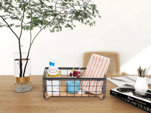 Sturdy Metal Wire Toilet Paper Organizer Basket With Wood Base Holds Two Rolls And Extra Decor Box, black, on shelf