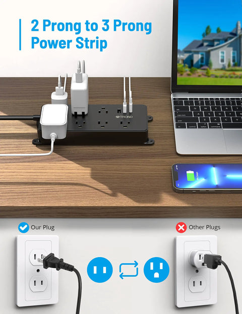 2 Prong To 3 Prong Power Strip With 7 Widely Spaced Outlets And 3 USB Ports Including USB C 5 Foot Extension Cord Wall Mountable