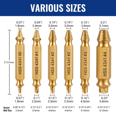 Pro Grade Heavy Duty 6 Piece Stripped Screw Extractor Kit With Titanium Coated Extractors And HSS Reverse Drill Bits sizes