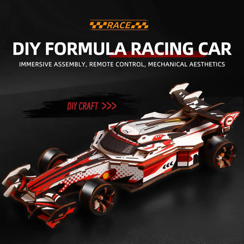 Remote Control F1 Car Kit With 3D Wooden Puzzle For Adults Do It Yourself Mechanical Model Kit Six Plus Hour Build, red race car