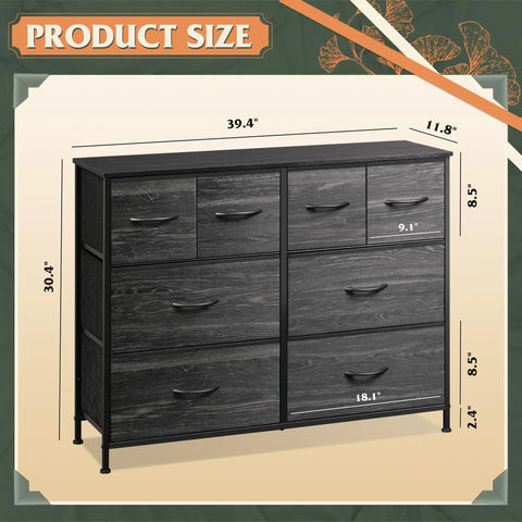 Eight Drawer Fabric Dresser for Bedroom and Beyond, Roomy Chest of Drawers Storage Organizer in Charcoal Black Wood Grain Print