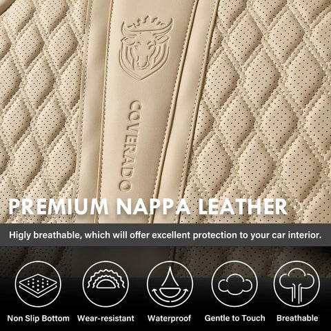 Close-up of beige Nappa leather look surface of Universal Car Seat Covers Full Set With Nappa Leather Look Waterproof Seat Protector