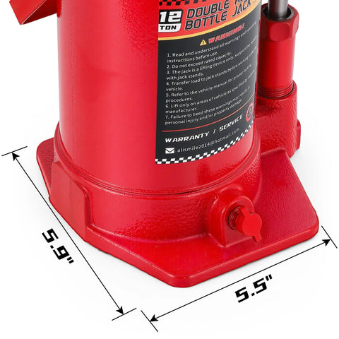 Beefy 12 Ton Double Ram Bottle Jack Portable Hydraulic Lift For Cars And Trucks base with dimensions displayed