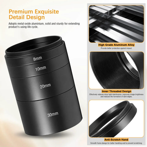 2 Inch M48 Extension Tube Kit with 8mm, 10mm, 20mm, 30mm spacers, high grade aluminum alloy, M48x0.75 threads, anti-scratch finish