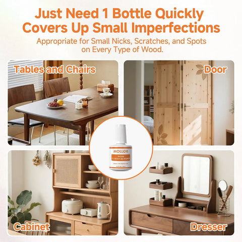 Wood Touch Up Paint 1.5 Oz Quick Dry White For Furniture Repair Easy Diy Fix For Scratches Chips And Spots On Cabinets Doors Tables Kitchens And Dressers With Built In Brush shown with various wood surfaces