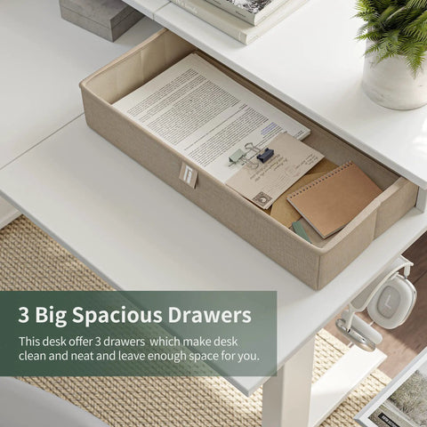 Premium FEZIBO Triple Motor L Shaped Electric Standing Desk 63 Inches Wide with spacious drawers for organized storage.