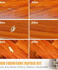 Before and after images showing restoration of wood surface using Hella Effective 41 Piece Wood Furniture Repair Kit And Laminate Floor Scratch Fix Set Featuring Premium Touch Up Markers Plus Wood Filler For Quick Crack And Hole Restoration.